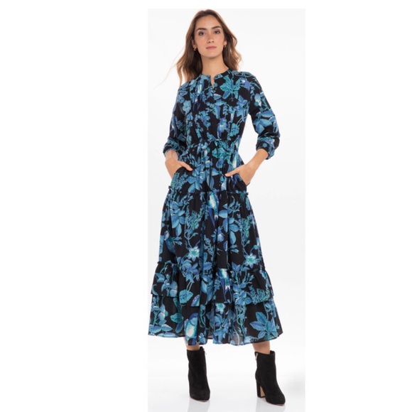 Banjanan Bazaar Blue and Black Woodland Printed Cotton Dress Size M - Picture 2 of 2